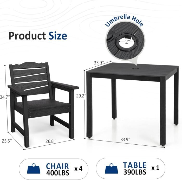 5-Piece Patio Dining Sets, Outdoor Dining Table w/Aluminum Frame and 4 Chairs, Weatherproof HIPS Dining Furniture Set with Umbrella Hole, for Backyard, Garden, Lawn, and Poolside, Black - Image 2
