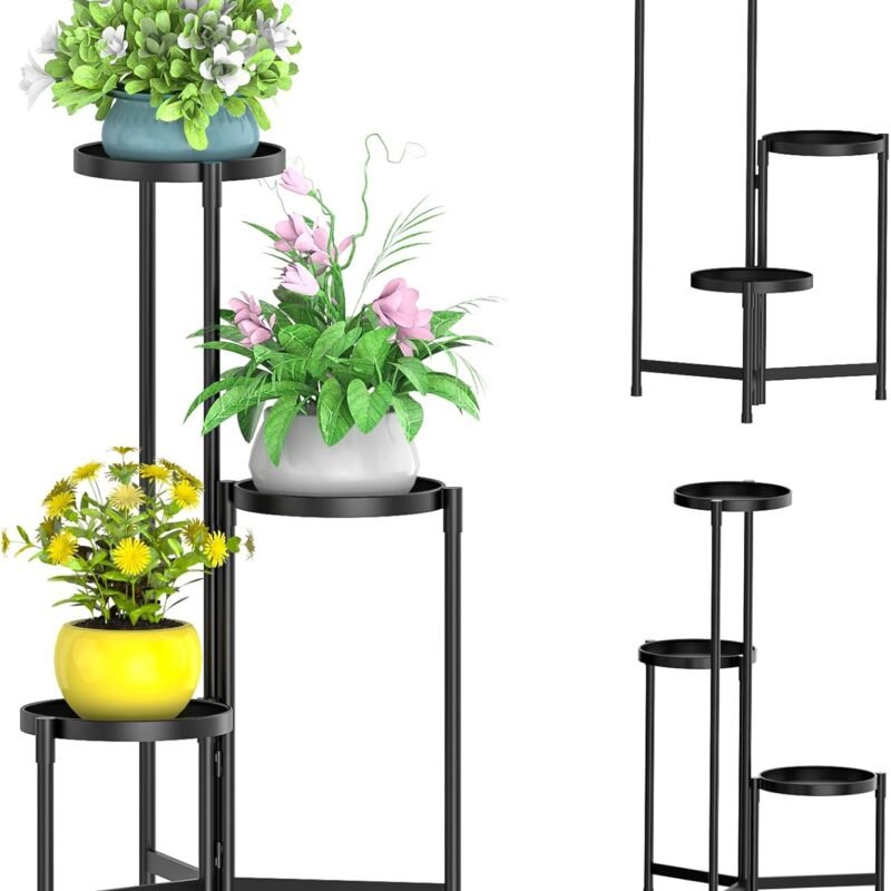 MOKANI Metal Plant Stand Indoor Outdoor for Multiple Plants, 3 Tiered Folding Corner Shelf Tall Flower Pot Holder Display Rack for Patio Living Room Balcony Garden, Black