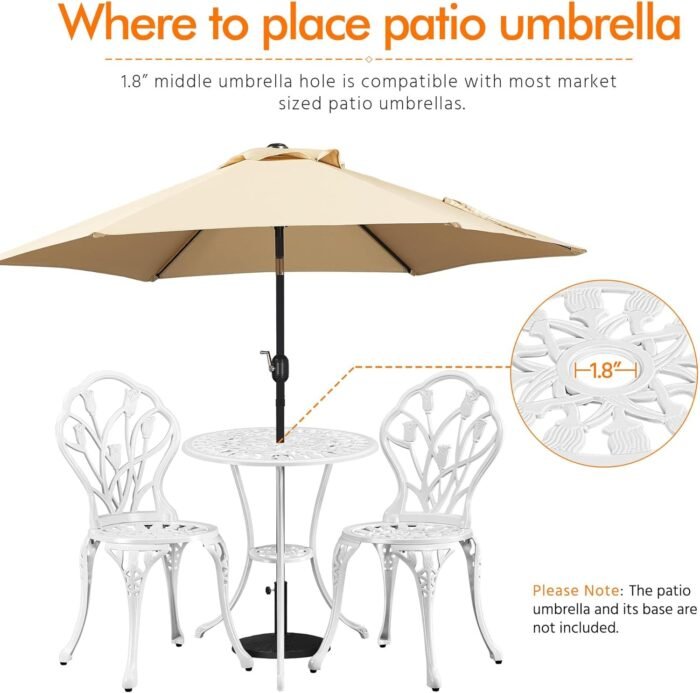 Yaheetech 3-Piece Outdoor Bistro Set w/Floral Design, Rust-Resistant Cast Aluminum Table and Chairs w/Umbrella Hole for Balcony, Backyard, Garden, White - Image 5