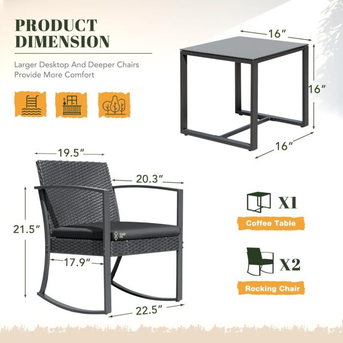 Devoko PP Patio Furniture Set 3 Piece All Weather Outdoor Rocking Chairs with Cushions and Coffee Table for Bistro Balcony Porch (Black) - Image 6