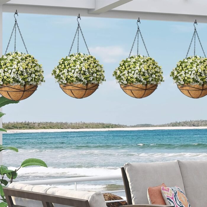 4 Pack 12 Inch Hanging Planters for Outdoor Plants Metal Watering Flower Baskets with Coco Liner for Hanging Pot Round Plant Holders Planter for Outside Garden Decoration - Image 7