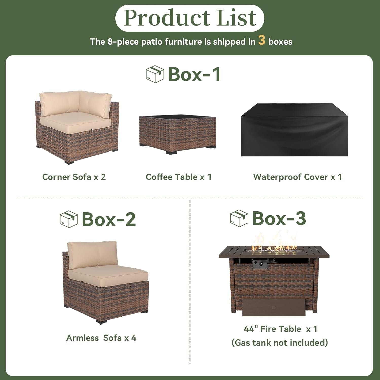 Aoxun 8 Piece Patio Furniture Set with 44” Fire Pit Table Wicker Rattan Outdoor Sectional Sofa Set with Coffee Table and Thickened Cushions, Beige (Waterproof Cover Included) - Image 6