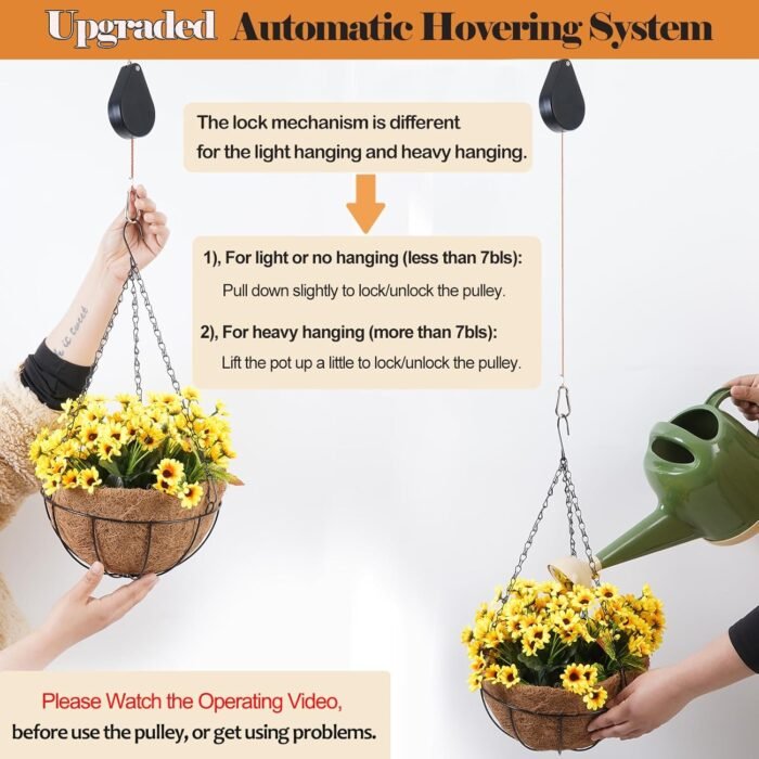 Upgraded Retractable Plant Hanger,Plant Pulleys for Hanging Plants,Easy to Raise and Lower,Auto Lock,Heavy Duty, Adjustable Hook for Garden Baskets Pots,Birds Feeder,(3Pcs,Black) - Image 2
