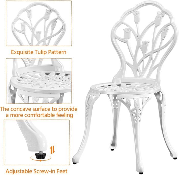 Yaheetech 3-Piece Outdoor Bistro Set w/Floral Design, Rust-Resistant Cast Aluminum Table and Chairs w/Umbrella Hole for Balcony, Backyard, Garden, White - Image 6