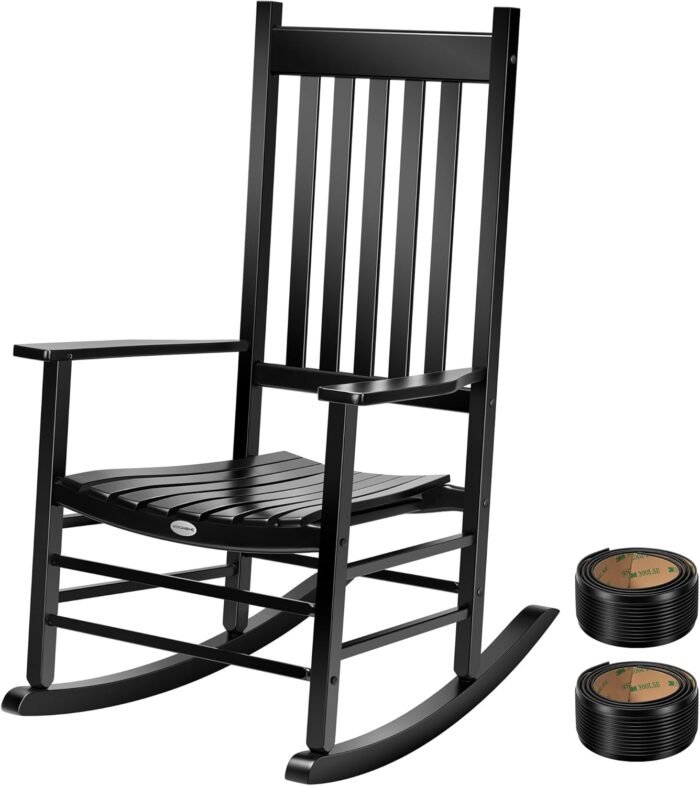 VIVOHOME Oversized Wooden Rocking Chair with Anti-Slip Strips for Noise Reduction, Suitable for Indoor, Porch, Garden, Black