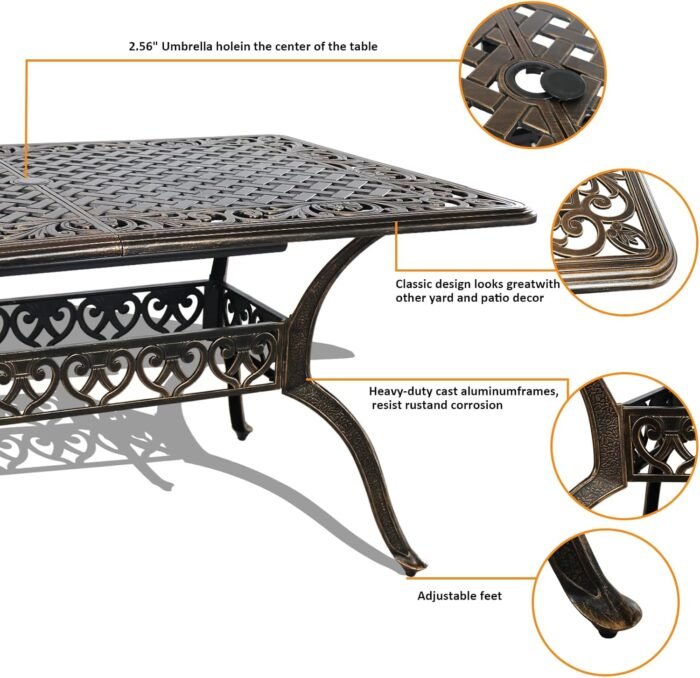 7 Piece Patio Dinning Set, Outdoor Cast Aluminum Dinning Set, All Weather Outdoor Dining Set for Garden, Include 6 Chairs and 1 Round Patio Table with Umbrella Hole - Image 2
