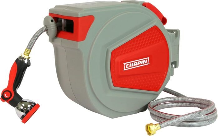 Chapin 5999: 65 ft. Retractable Garden Hose Reel, Wall Mounted Heavy-Duty Case and 180° Swivel Frame Mount, Auto Retract and Locking Hose, w/ 10 Position Metal Garden Hose Spray Nozzle - Image 2