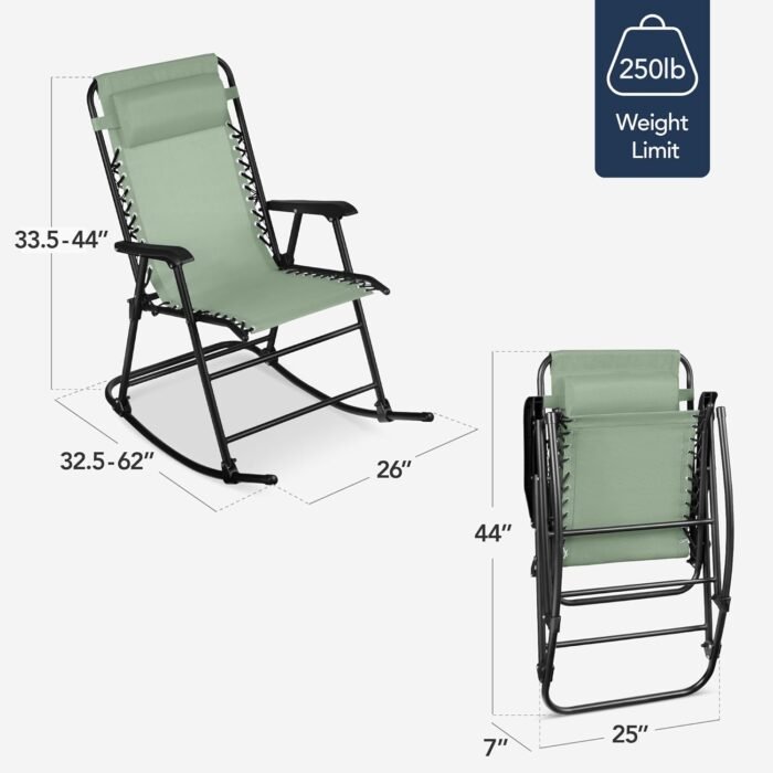 Best Choice Products Outdoor Folding Rocking Chair, Zero Gravity Lounge Chair, Patio Rocker w/Headrest Pillow - Sage Green - Image 3