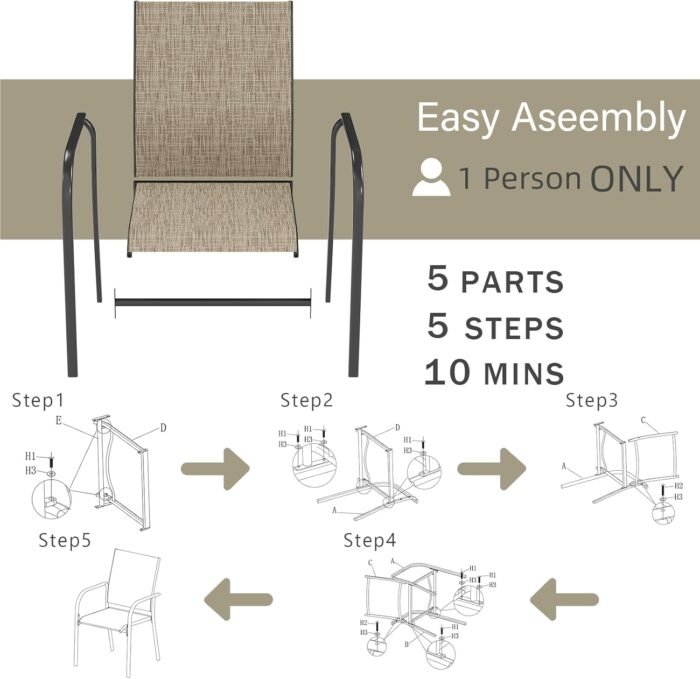 AECOJOY 5 Piece Patio Table and Chair Set for 4, Outdoor Dining Set Includes 51.2" Rectangle Table with 1.73" Umbrella Hole, 4 Stackable Textilene Chairs, for Garden, Backyard and Poolside, Dark Gray - Image 9
