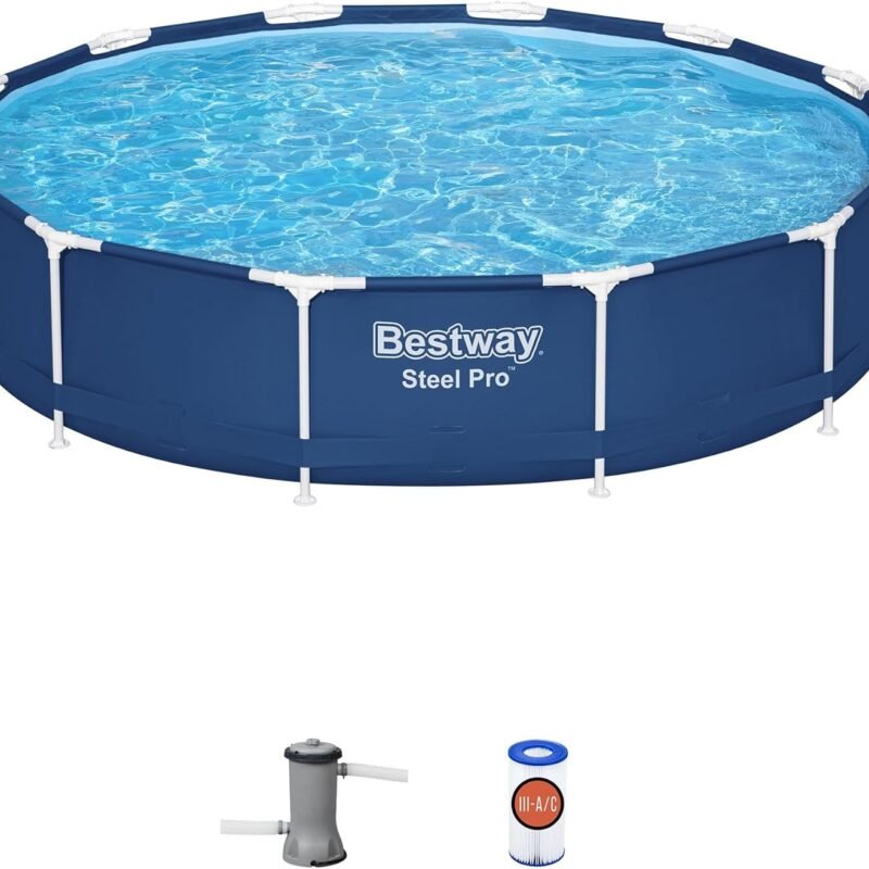 Bestway Steel Pro 12 feet x 30 inches Round Above Ground 1,710 Gallon Pool Set with DuraPlus Liner, 530 Gallon Pool Filter, and Repair Patch