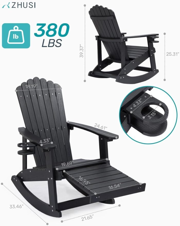 ZHUSI Adirondack Rocking Chair Outdoor with Retractable Ottoman and Cup Holder, HDPE Oversized Patio Rocking Chairs with Footrest, Wood-Like Porch Rocker for Backyard, Garden (Black, 1 PC) - Image 3