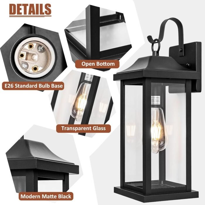 2-Pack 17 Inch Large Outdoor Light Fixtures, Exterior Matte Black Wall Sconces IP65 Waterproof Anti-Rust, Porch Lights with Clear Glass Outside Modern Wall Lanterns E26 Bulb Base - Image 7