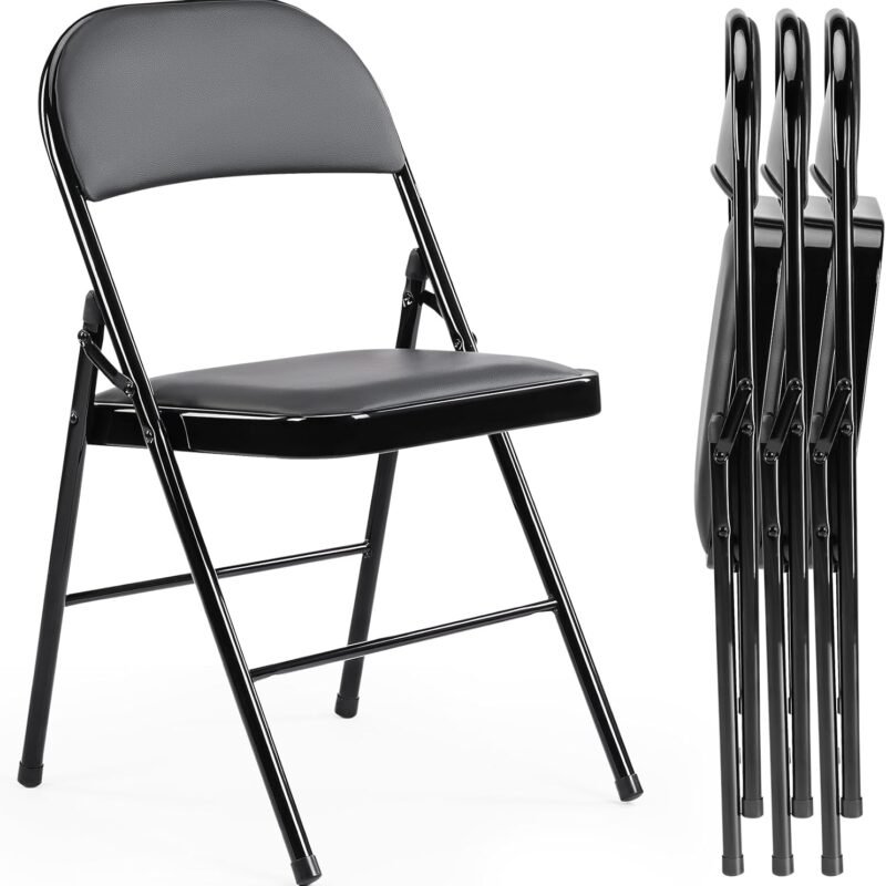 Sweetcrispy Folding Chair 4 Pack, Leather Padded Folding Chairs, Sturdy Metal Foldable Chairs, Easy to Use and Store, Outdoor and Indoor, for Home, Office, Party, Comfy, Black