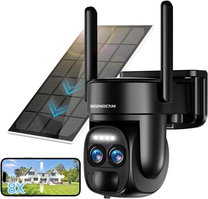 4K 8MP Solar Security Cameras Wireless Outdoor Battery Powered,360°PTZ Wireless Cameras for Home Security with Spotlight Siren, 5Dbi Dual antenna,PIR Human Detection,Color Night Vision,2.4/5Ghz