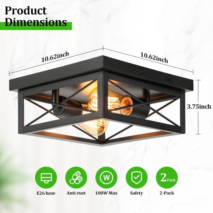 2-Light Industrial Square Flush Mount Ceiling Light, Farmhouse Ceiling Light Fixture for Kitchen, Modern Black Close to Ceiling Light for Hallway Bedroom Balcony Porch Stairway, E26, 2-Pack - Image 3