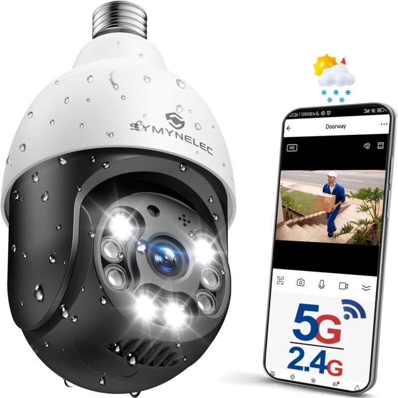 SYMYNELEC 5GHz/2.4GHz Light Bulb Security Camera Outdoor Waterproof 2.5K, Dual-Band WiFi Light Socket Security Camera with AI Human Motion Detection Tracking 4MP Color Night Vision Siren Alarm Alexa