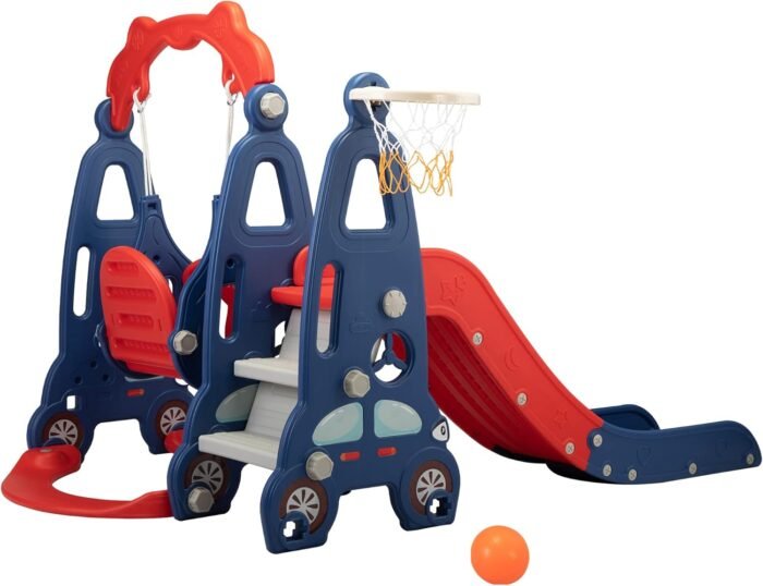 4 in 1 Slide Climber Swing Set, Freestanding Toddler Slide Climber Playset with Basketball Hoop, Toddler Playground Indoor Outdoor, Easy Setup (Red) - Image 9