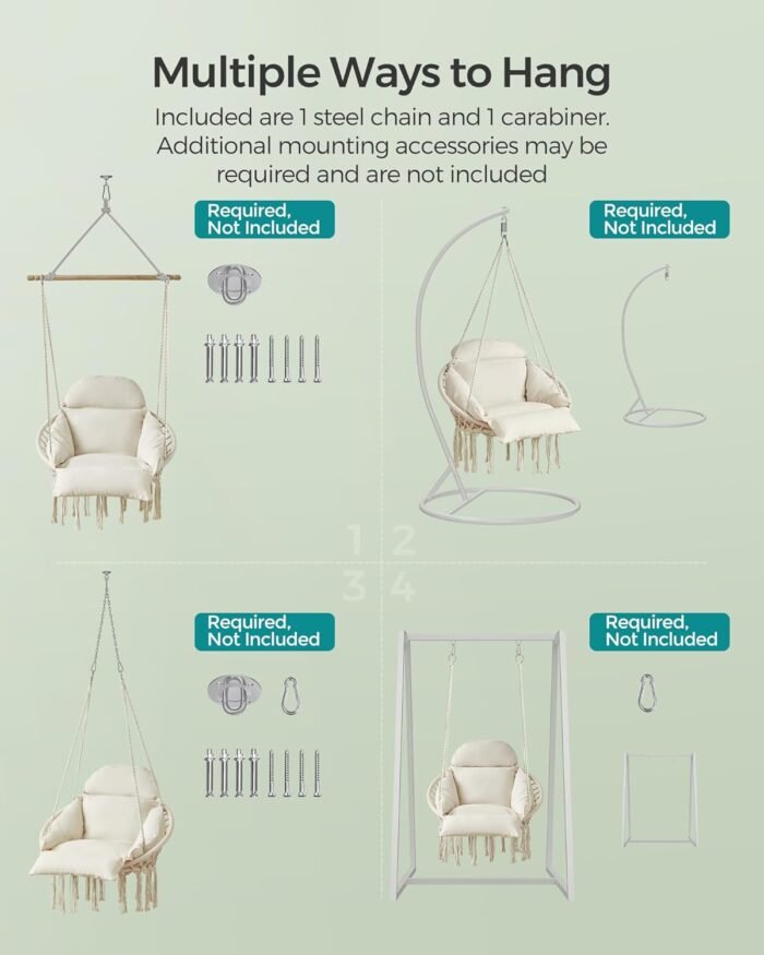 SONGMICS Hanging Chair, Hammock Chair with Large, Thick Cushion, Boho Swing Chair for Bedroom, Patio, Balcony, Garden, Holds up to 264 lb, Accessories Included, Cream White UGDC042M01 - Image 6