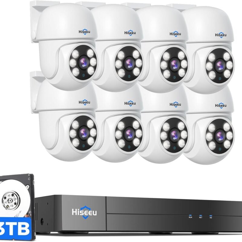 Hiseeu 3K Outdoor Wired Security Camera System with 8CH 5MP DVR & 8 PTZ Cameras,360° Coverage,Smart Dual Light & Audio,Person/Vehicle Detection,3TB HDD,100ft Night Vision,24/7 Recording,Smart Playback