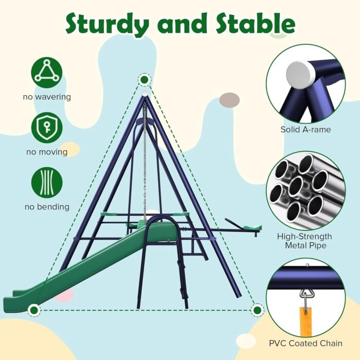 4 in 1 Multifunction Kids Swing Set, Metal for Backyard, Outdoor Heavy Duty Extra Large Frame with 2 Adjustable Swing, 1 Glider, 1 Slide and 1 Teeter-Totter - Image 4