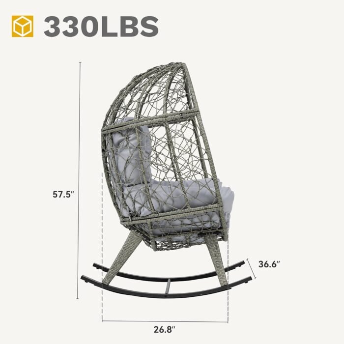 DWVO Wicker Rocking Egg Chair, Oversized Indoor Outdoor Rattan Rocking Chair, Indoor Outdoor Lounger for Patio, Backyard, Living Room, Light Gray - Image 2