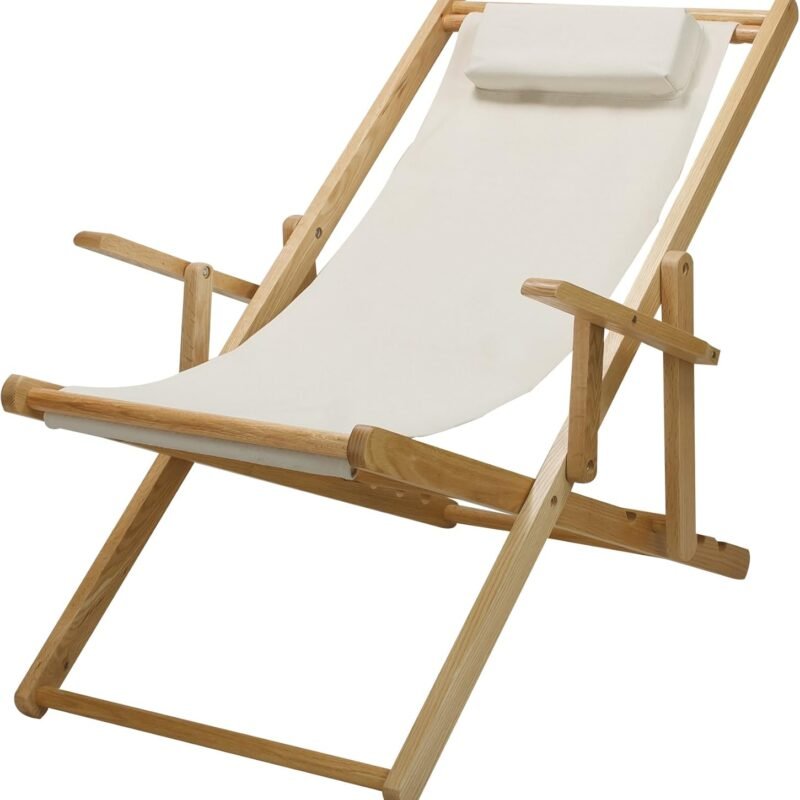Casual Home Folding Fully-Assembled Adjustable Solid Wood Sling Patio Outdoor Chair, Natural Frame/Natural Canvs (New)