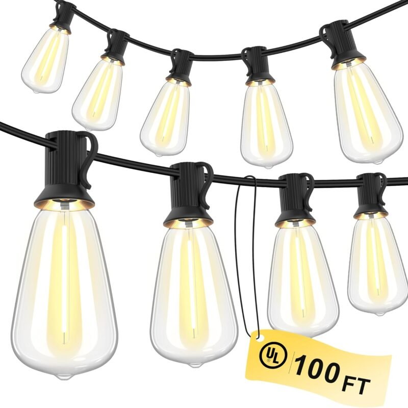Outdoor String Lights 100 FT 52 Shatterproof LED Bulbs, UL Certified Patio Lights Outdoor Light Strings Waterproof for Patio Yard Outside Party Wedding, Connectable Dimmable 50 Sockets 2700K