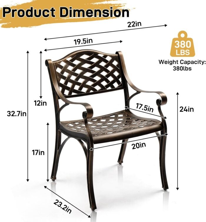 VINGLI Outdoor Dining Chairs Set of 2, Cast Aluminum Patio Chairs, All-Weather Aluminum Outdoor Chairs Patio Furniture for Porch, Bistro, Backyard and Balcony Bronze - Image 3
