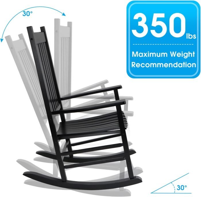 Patio Rocking Chair, Outdoor Rocking Chair, Wood Porch Rocker, Wooden Rocking Chair for Adult for Garden, Lawn, Balcony, Backyard and Patio (1 Black) - Image 6