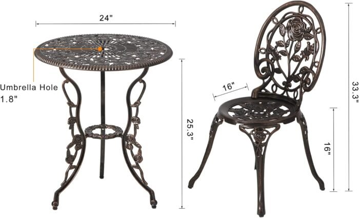 HOMEFUN Bistro Table and Chairs Set of 2 Outdoor 3 Piece Patio Set, Rose Pattern Cast Aluminum Bistro for Garden Balcony, Durable Rust All-Weather Resistance, Rose Bronze - Image 6
