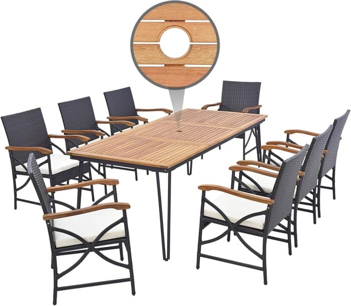 Tangkula 9 Pieces Patio Dining Table and Chairs Set with Umbrella Hole, Acacia Wood Table with Metal Frame, and Heavy Duty Cushioned Wicker Chairs, for Backyard, Garden and Poolside (Mix Brown)