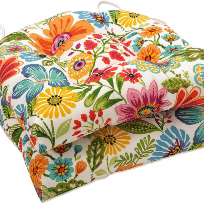 Pillow Perfect Bright Floral Indoor/Outdoor Chairpad with Ties Reversible, Tufted, Weather, and Fade Resistant, 15.5" x 16", Blue/Purple Gregoire 2 Count