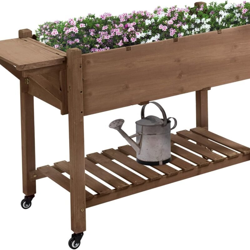 Outsunny Raised Garden Bed with 8 Grow Grids, Wooden Outdoor Plant Box Stand with Folding Side Table and Wheels, 49" x 21" x 34", for Vegetables, Flowers, Herbs, Brown
