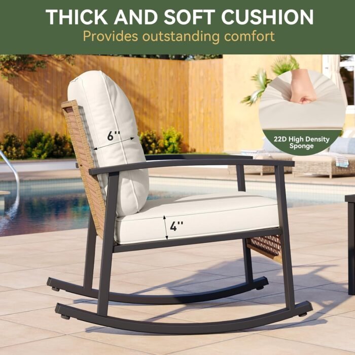 Aoxun 3-Piece Outdoor Rocking Bistro Set, Patio Furniture Set with Coffee Table and Thick Cushions, Wicker Rocking Chairs Set of 2 for Garden, Balcony, Backyard, Poolside (Beige) - Image 2