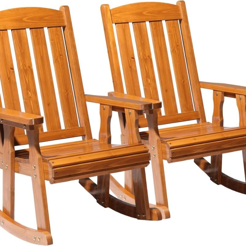VINGLI Outdoor Rocking Chair Set of 2, Heavy Duty 600 LBS Wooden Rocking Chair with Comfortable Backrest, Weatherproof Rocker with Ergonomic Design, Suit for Patio, Garden, Yard, Teak