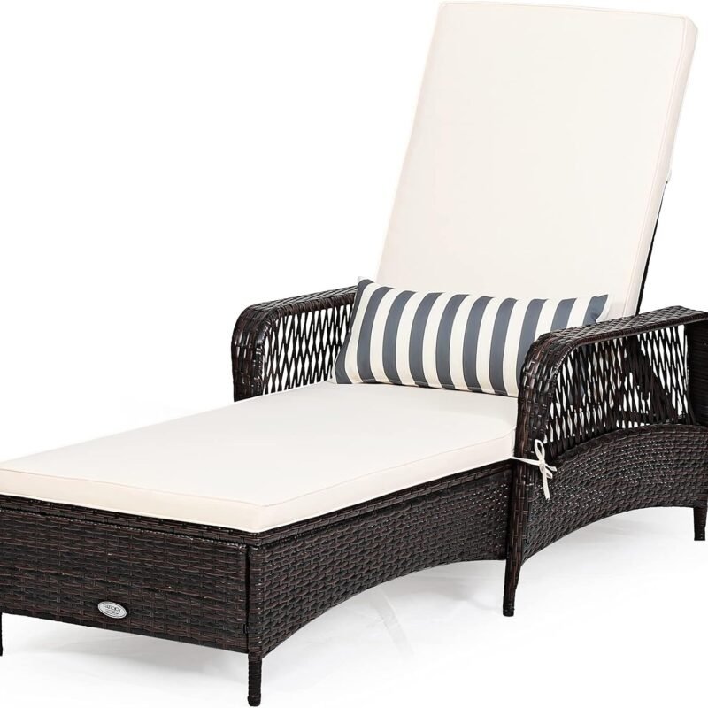 COSTWAY PE Rattan Chaise Lounge Chair, 6 Gear Adjustable Recliner with Armrest & Pillow, Wicker Outdoor Furniture for Deck, Patio (1, Brown)