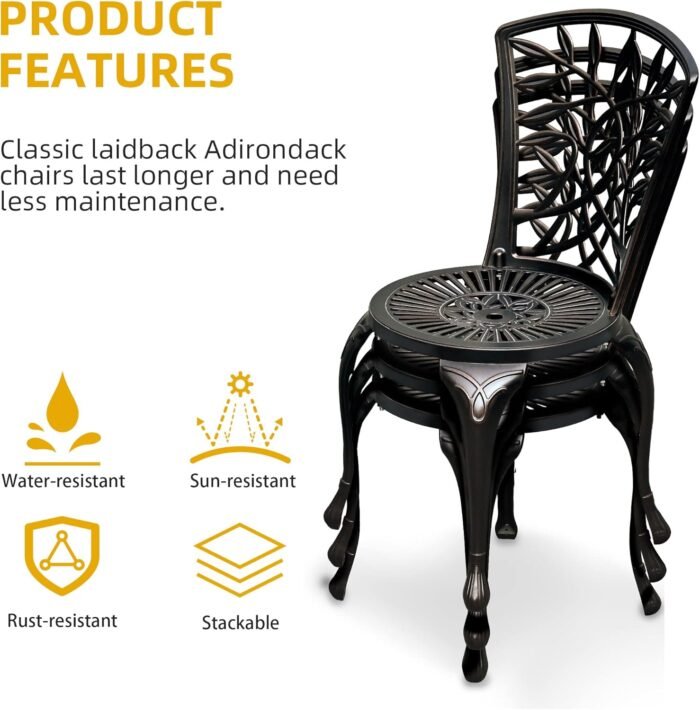 DWVO Outdoor Cast Aluminum Outdoor Chairs Set of 2, All-Weather Patio Dining Chair with Adjustable Feet for Balcony, Backyard, Deck, Garden, Hammered Bronze - Image 4