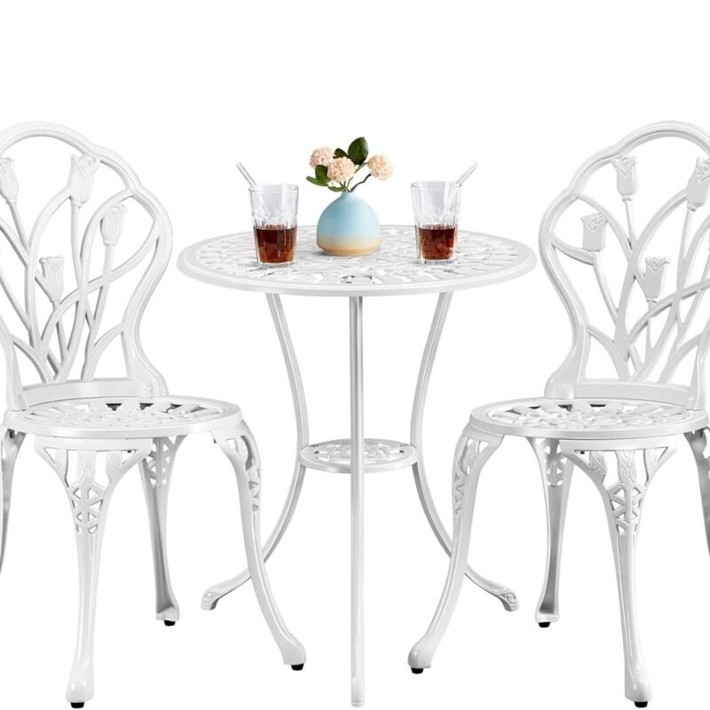 Yaheetech 3-Piece Outdoor Bistro Set w/Floral Design, Rust-Resistant Cast Aluminum Table and Chairs w/Umbrella Hole for Balcony, Backyard, Garden, White