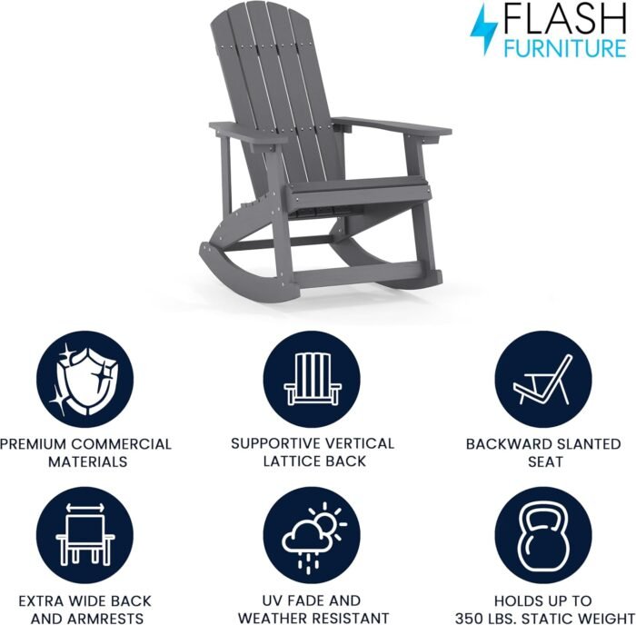 Flash Furniture Savannah Poly Resin Wood Adirondack Rocking Chair - All Weather Gray Polystyrene - Stainless Steel Hardware - Image 4