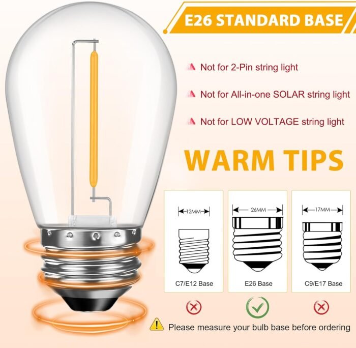 24 Pack LED S14 Replacement Light Bulbs, Waterproof 1W Vintage Edison Bulbs for Outdoor Patio Backyard String Lights, Dimmable, E26 Regular Medium Screw Base, 2200K Warm White - Image 4