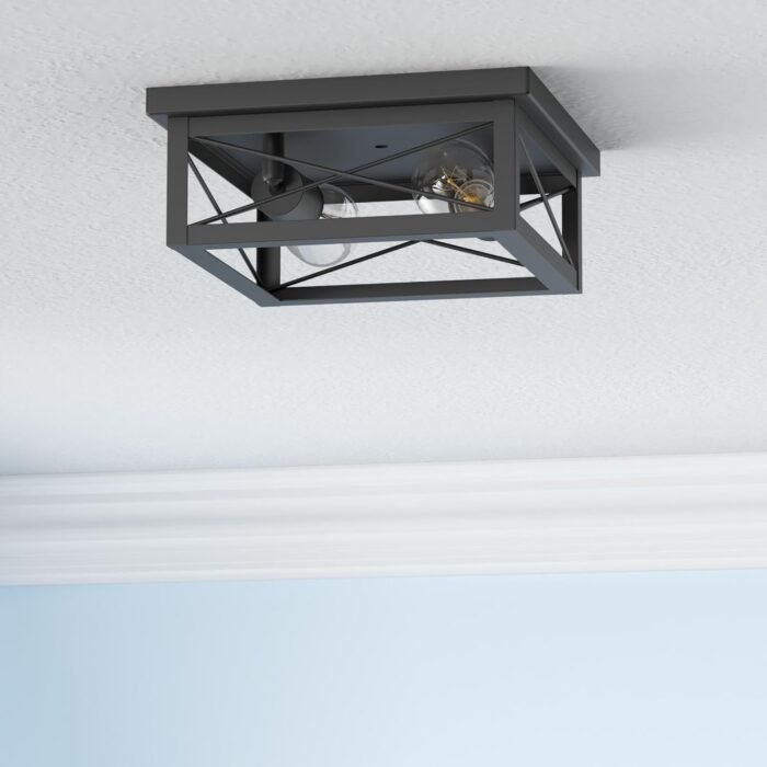 2-Light Industrial Square Flush Mount Ceiling Light, Farmhouse Ceiling Light Fixture for Kitchen, Modern Black Close to Ceiling Light for Hallway Bedroom Balcony Porch Stairway, E26, 2-Pack - Image 2