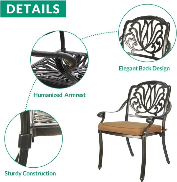 VIVIJASON 9-Piece Patio Furniture Dining Set, Rust-Free Cast Aluminum Outdoor Conversation Set, Include 8 Cushioned Chairs & 61" Round Dining Table with 31" Lazy Susan, Umbrella Hole, Khaki - Image 4