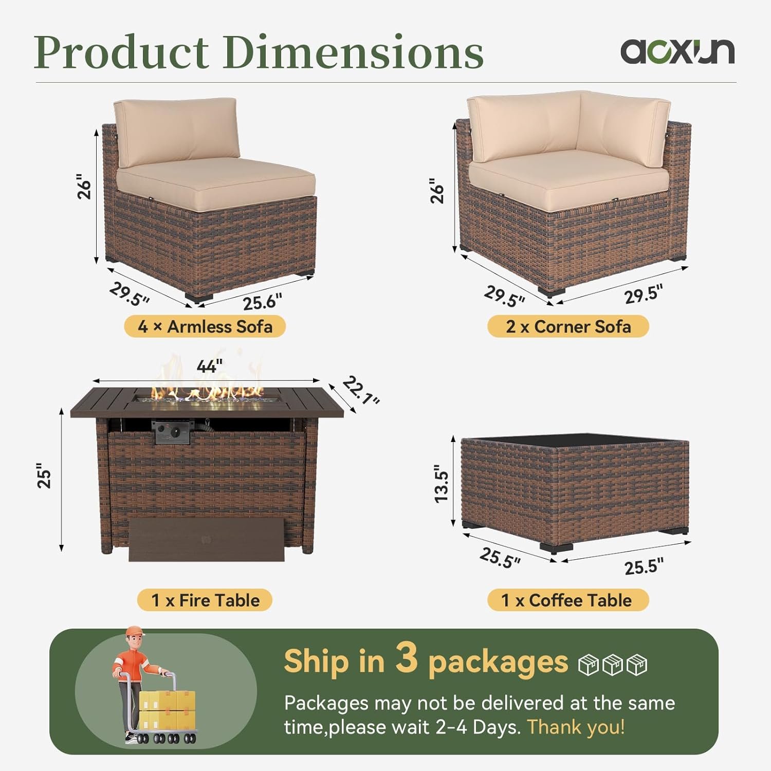 Aoxun 8 Piece Patio Furniture Set with 44” Fire Pit Table Wicker Rattan Outdoor Sectional Sofa Set with Coffee Table and Thickened Cushions, Beige (Waterproof Cover Included) - Image 8