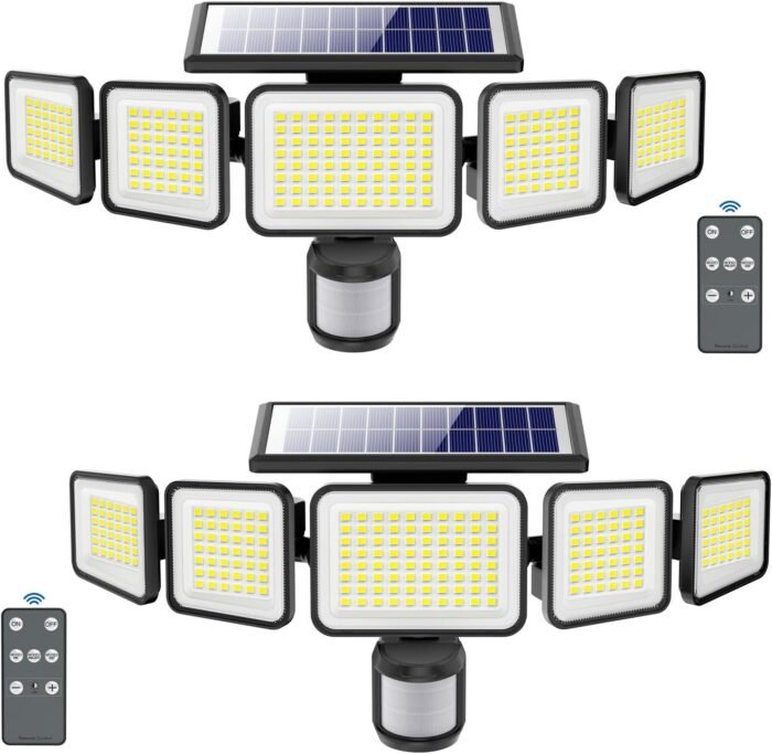 3000LM Solar Lights outdoor, 5 Adjustable Heads Solar Motion Sensor Lights, 236 LEDs 3 Brightness Mode, Waterproof Security Wall Lights, Remote Control Flood Lights for Graden, Backyard, 2 Pack