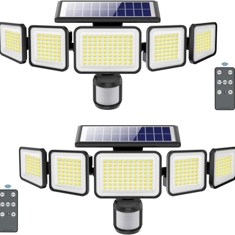 3000LM Solar Lights outdoor, 5 Adjustable Heads Solar Motion Sensor Lights, 236 LEDs 3 Brightness Mode, Waterproof Security Wall Lights, Remote Control Flood Lights for Graden, Backyard, 2 Pack