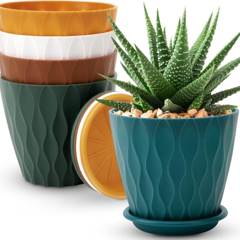 6 inch Plant Pots, 5 Pack Flower Pots Outdoor Indoor, Planters with Drainage Holes and Tray Saucers