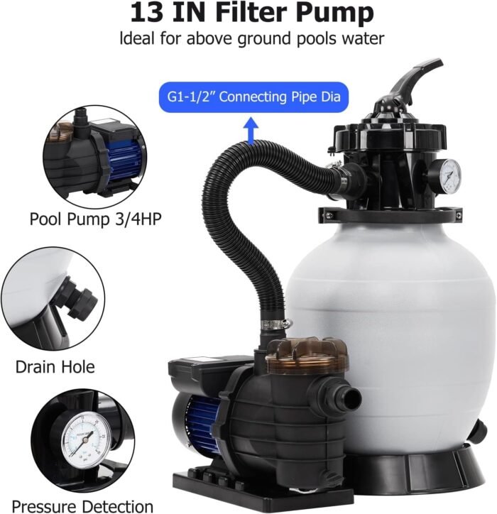 13" Sand Filter 3/4HP Pool Pump Max 3434 GPH High-Flow for Above Ground Swimming Pool Set Multi-Port Valve Up to 8500 Gallons - Image 3