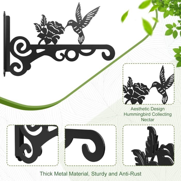 2-Pack Aesthetic Wall Plant Hanger Indoor and Outdoor – 10 Inch Metal Hanging Plant Bracket with Beautiful Bird Pattern – Anti Rust Plant Hooks for Hanging Plants, Bird Feeder, Wind Chime, Lantern - Image 4