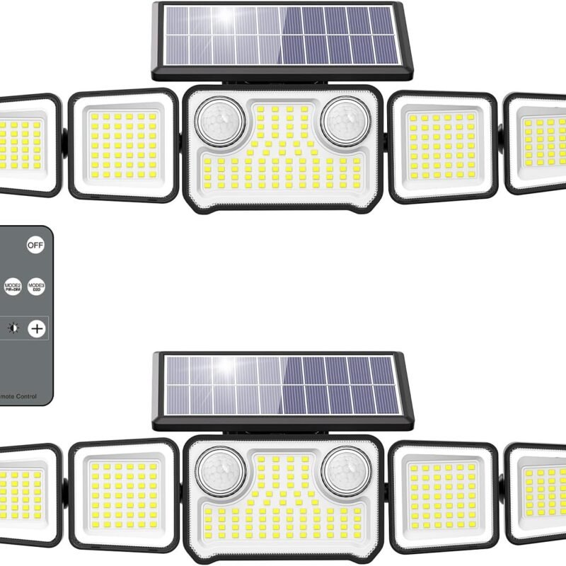 3000LM Solar Lights Outdoor, 5 Heads Solar Security Lights with Remote Control, IP65 Waterproof Motion Sensor Lights 3 Modes Flood Lights for Wall, Porch, Yard, Outside, 2 Pack