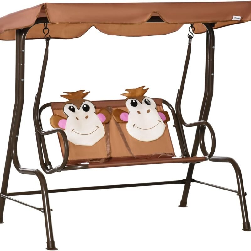 Outsunny Porch Swing for Kids with Adjustable Canopy to Block Sun at Angles, Kids Swing Chair with Seatbelts, Monkey Pattern, Gift for Kids Ages 3-6, Coffee